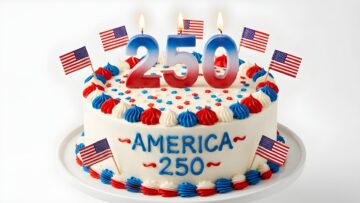 America 250th birthday cake with american flags and candles