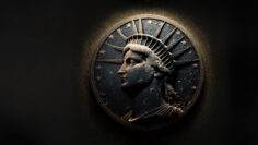 lady liberty metal coin to represent the usa economy and world reserve currency or collapse crisis wide banner with copy space – Generative AI