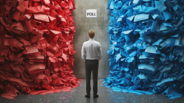 Poll concept image with a man counting ballot paper of two colors blue and red