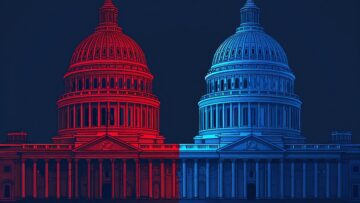 illustration of US Capitol with one half red and the other half blue, republicans vs democrats concept advertisement style,.