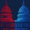 illustration of US Capitol with one half red and the other half blue, republicans vs democrats concept advertisement style,.