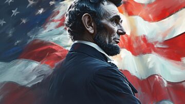 Illustration of Abraham lincoln stands in front of the American flag.