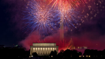 July 4th Independence Day fireworks display over the Washington DC skyline at night.