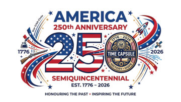 America 250th anniversary semiquincentennial logo, 17762026 celebration emblem with time capsule, historical and modern icons, patriotic design for us independence commemoration