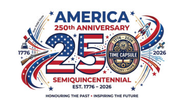 America 250th anniversary semiquincentennial logo, 17762026 celebration emblem with time capsule, historical and modern icons, patriotic design for us independence commemoration