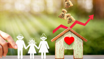 Woman hand hold family with paper cut and home model red arrow graph with growing value and money drop with working capital management in the public park, Saving money for future investment concept.