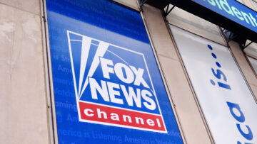 NEW YORK, USA – July 10, 2019: Signboard Fox News Channel at the News Corporation headquarters building in Manhattan, New York City