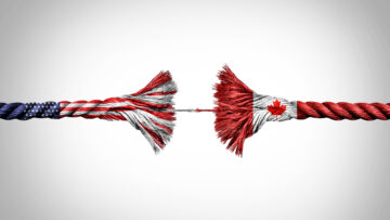 Canada US crisis concept as a Broken Rope stretched with force and stressed to a decoupling metaphor for pressure on the economic and political relationship between Ottawa and Washington.