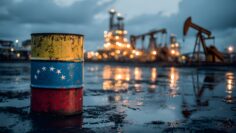 A Venezuelan oil barrel sits in front of an oil field at dusk or dawn