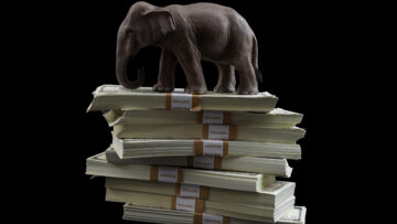 Campaign finance issues and GOP political influence concept with elephant representing the republican party on pile of cash symbolizing money in politics on black background with clipping path cutout