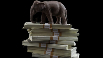 Campaign finance issues and GOP political influence concept with elephant representing the republican party on pile of cash symbolizing money in politics on black background with clipping path cutout
