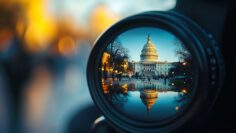 Camera lens focuses on the us capitol, symbolizing media attention on presidential announcements.