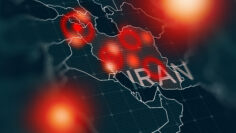 Conflict between Iran and USA shown on a map with highlighted regions in the Middle East