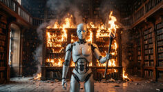 Android holding a flaming torch in a burning library. Humanoid ai robot standing in front of bookshelves on fire. Dystopian concept of destruction of knowledge and history
