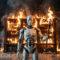 Android holding a flaming torch in a burning library. Humanoid ai robot standing in front of bookshelves on fire. Dystopian concept of destruction of knowledge and history
