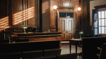Empty American Style Courtroom. Supreme Court of Law and Justice