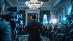 Politician giving speech at press conference in government building