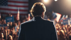 President Standing Before Loyal Supporters with National Symbols Background.