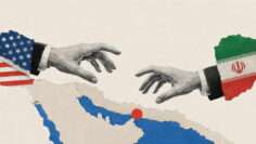 Hands in American and Iranian flag cuffs reaching towards each other over a Gulf map. US Iran diplomacy and nuclear talks
