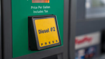 Green diesel fuel button on gas pump at gas station